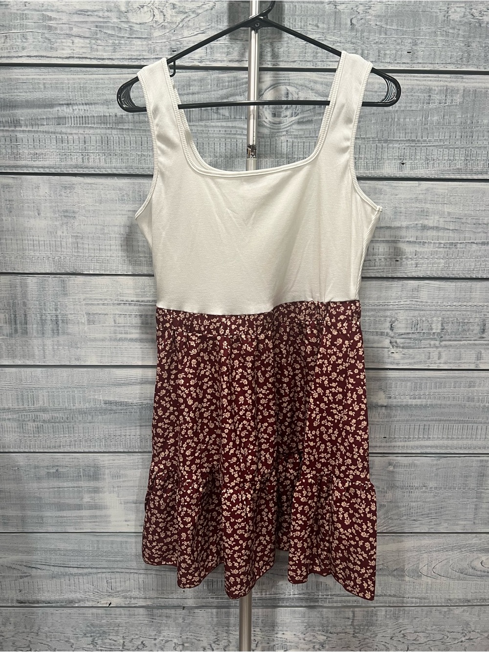 SHEIN White Tank Top with Burgundy Floral Mini Dress